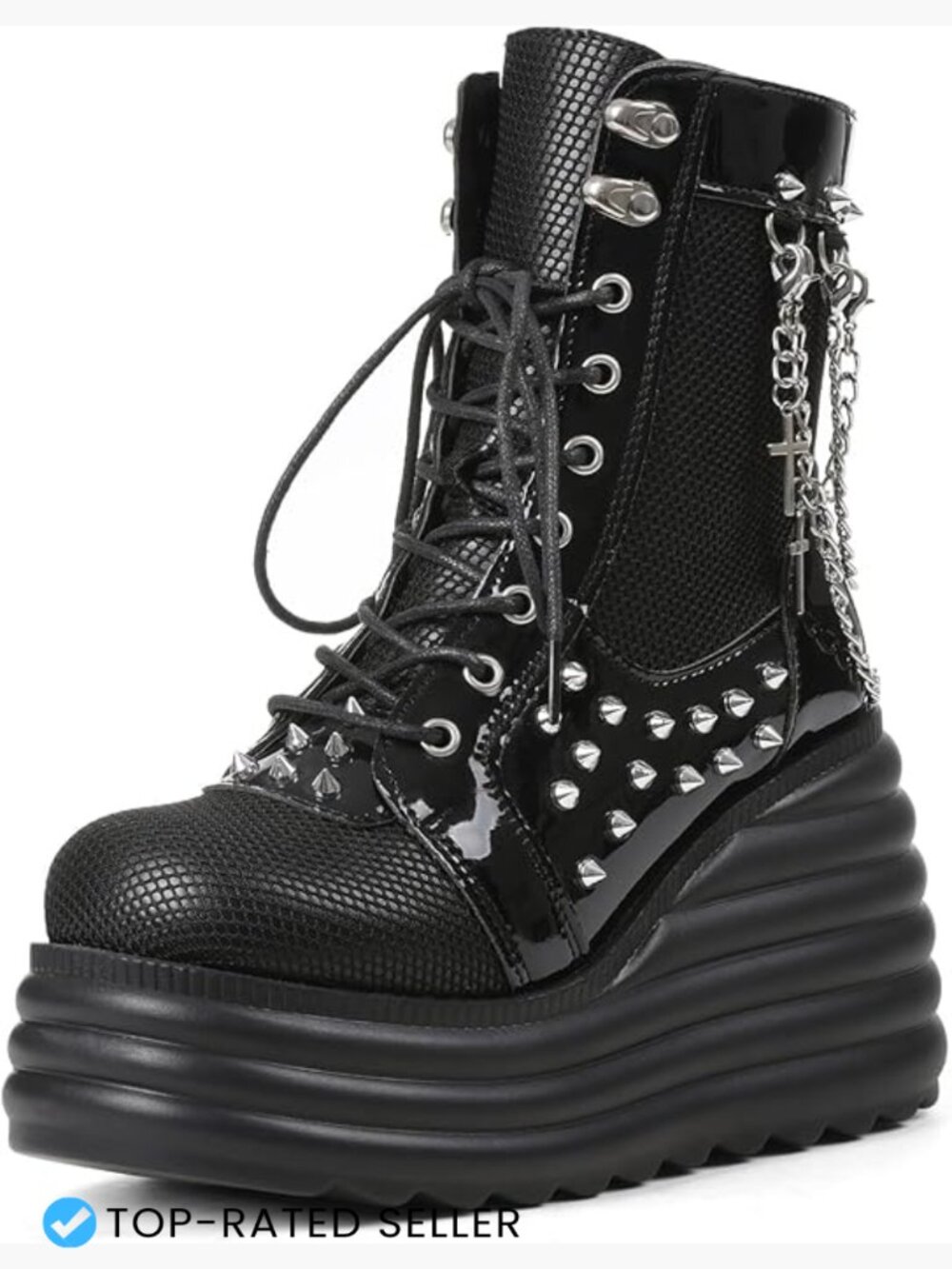 Women's Gothic Platform Combat Boots with Chains & Studs Lace Up Wedge Ankle